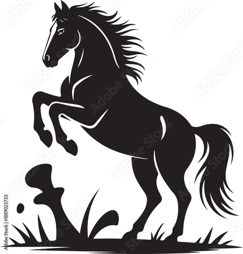 Black silhouette horse rearing on hind legs with grass and water splash