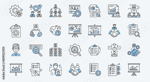 Modern Vector Icons Representing Operations Management, Business Strategy, and Teamwork