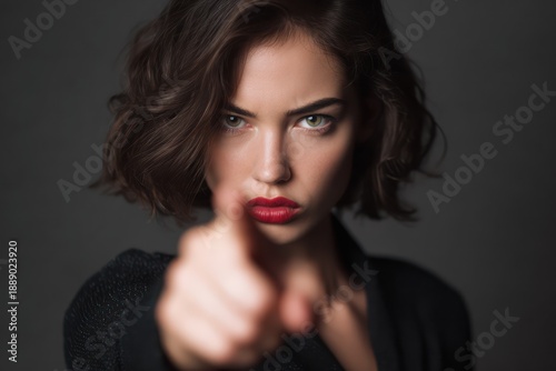 Serious female pointing finger in authoritative manner
