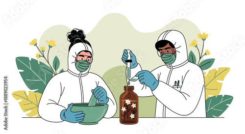 Scientists in Protective Suits Conduct Laboratory Research with Plants and Liquids