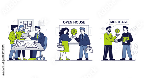 Real Estate Transaction Stages: Planning, Open House, and Mortgage Approval Concept