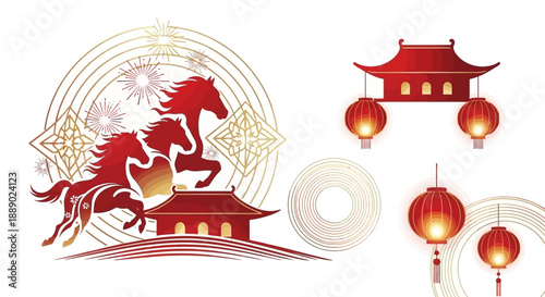 Elegant Chinese New Year vector illustration with horses, temples and lanterns