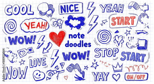 Hand-Drawn Doodle Collection: Words, Symbols, and Shapes on Grid Paper Background