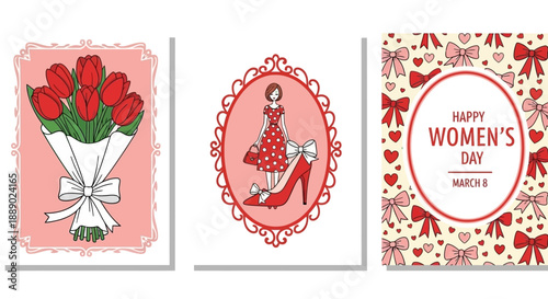 Happy Women's Day Illustrations: Tulips, Fashionable Woman, and Bows