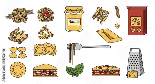 Variety of Pasta Shapes and Ingredients for Italian Cuisine and Cooking