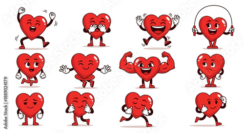 Set of Diverse Cartoon Heart Characters Expressing Various Emotions and Activities