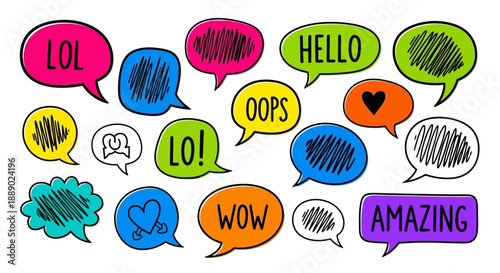 Vibrant Hand-Drawn Speech Bubbles Collection Featuring Various Expressions and Symbols
