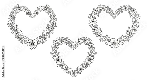 Set of Three Delicate Floral Heart Wreaths, Hand-Drawn Botanical Designs