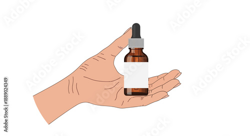 Hand Holding Dropper Bottle with Blank Label for Essential Oils or Medicine