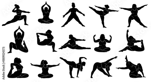 Diverse Women Silhouettes in Various Yoga Poses for Wellness and Fitness
