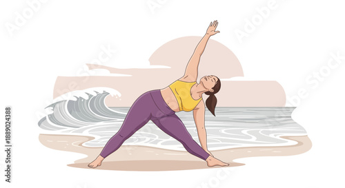 Plus Size Woman Practicing Yoga Pose on Beach with Ocean Waves and Sunset