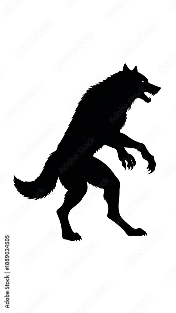 Obraz premium A silhouette of a werewolf, standing on its hind legs with claws extended, posed against a stark white backdrop