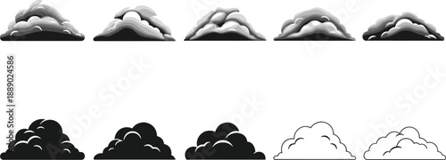 Set of Cloud Vector Icons in Various Styles Featuring Grayscale Shaded Minimalist Flat Black Silhouettes and Simple White Outlines for Weather Forecast and Sky Design