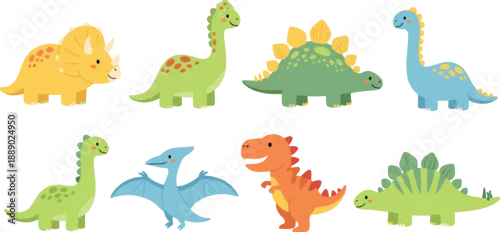 Fototapeta Cute cartoon dinosaur vector set with colorful prehistoric animals, friendly dinos, stegosaurus, triceratops, pterodactyl, and fun kids characters