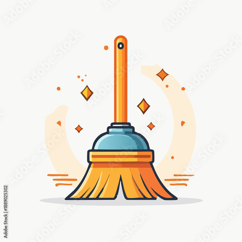 Cleaning illustration of a vibrant yellow broom with blue accents and orange sparks, symbolizing tidiness and domestic chores