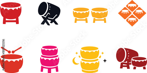 Collection of colorful traditional musical instruments including drums and cymbals ideal for cultural and festive themes