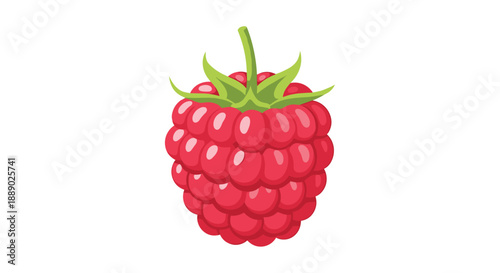 Realistic illustration of a single ripe red raspberry with a green stem and leaves shown on a clean white background.