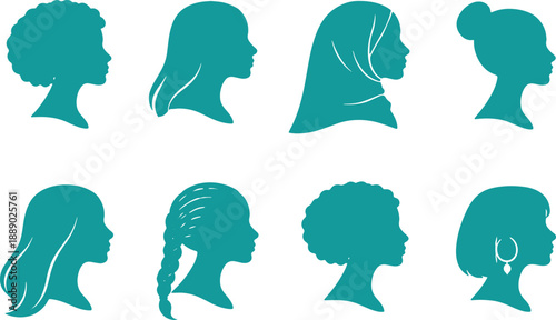 Collection of diverse female silhouettes showcasing various hairstyles and headscarves representing different cultural and fashion styles