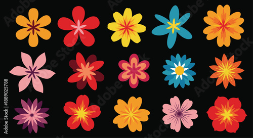 Large set of colorful flower shapes with various petal designs displayed on a solid black background for contrast.