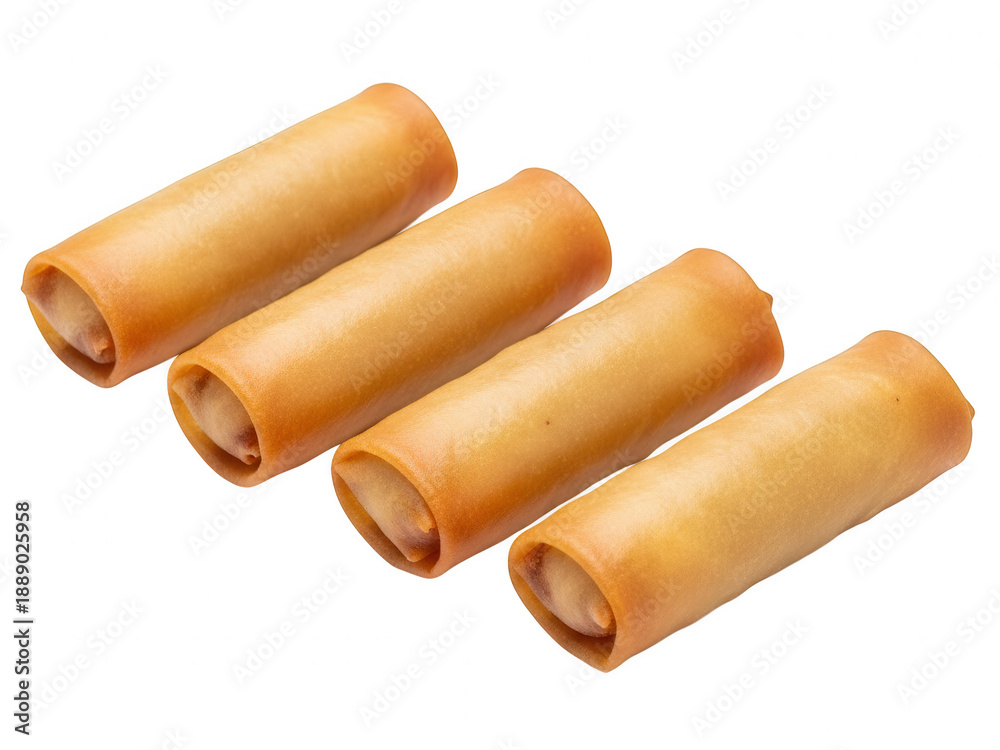 Fototapeta premium Golden crispy spring rolls arranged in a quadrilateral formation on a white background