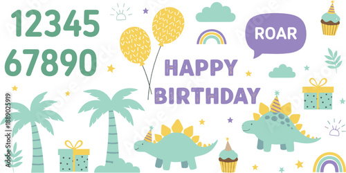 Cute dinosaur birthday vector set with numbers, balloons, cupcakes, gifts, palm trees, rainbows, and playful pastel party elements for kids