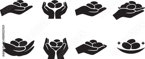 Collection of diverse hand icons holding various objects symbolizing support care and unity