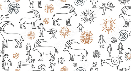 Ancient style seamless pattern featuring line drawings of horned animals, human figures, and sun symbols inspired by cave art.