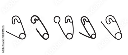 Collection of Diverse Safety Pins Line Art Icons, Isolated on White Background.