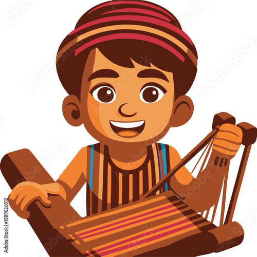 Smiling Young Weaver Working on Traditional Hand loom Illustration