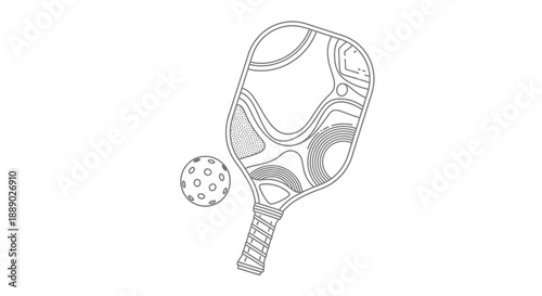 Black and white illustration of a pickleball paddle and ball with abstract designs