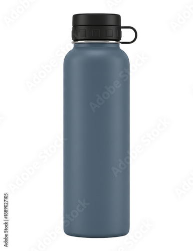 Matt blue reusable stainless steel water bottle with black lid isolated on white or transparent background