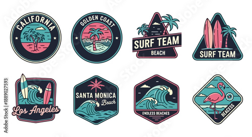 Collection of vintage surf and beach themed badges and emblems for summer apparel designs.