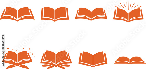 Collection of orange book icons in various styles and poses isolated on transparent background