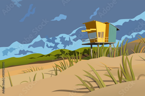 Lifeguard tower on a sandy beach under the sky