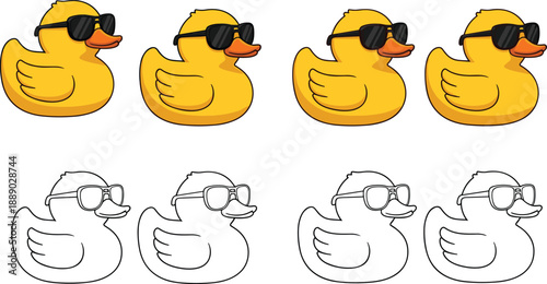 Colorful yellow rubber duck vector set and black white line art outlines wearing sunglasses for summer beach pool party and childhood toy design