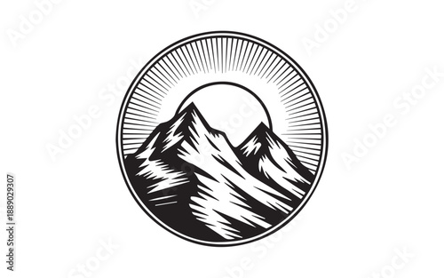 A circular illustration of majestic mountains under a radiant sun, evoking a sense of adventure and natural beauty