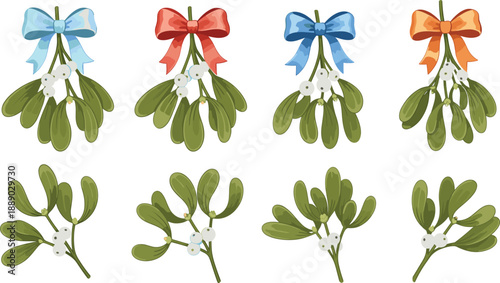 Christmas mistletoe decoration vector illustration set with ribbons berries and festive holiday elements