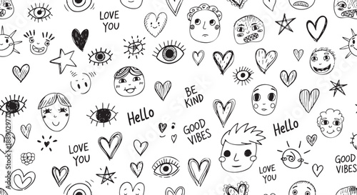 Hand drawn doodle illustrations of eyes faces and love messages isolated