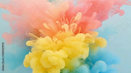 Colorful Ink Blobs Splashing in Water, Yellow, Orange and Pink, Blue Background