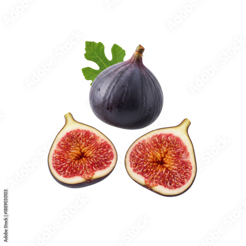 Fresh Ripe Figs with Leaf: Whole and Halved