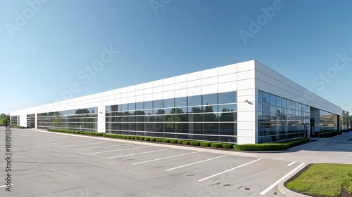 Modern commercial office building exterior with glass facade parking area and clean corporate architecture under clear blue sky