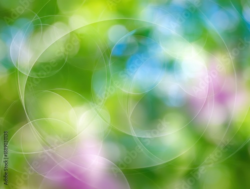 Blurred green, blue, and pink bokeh background with overlapping translucent circles