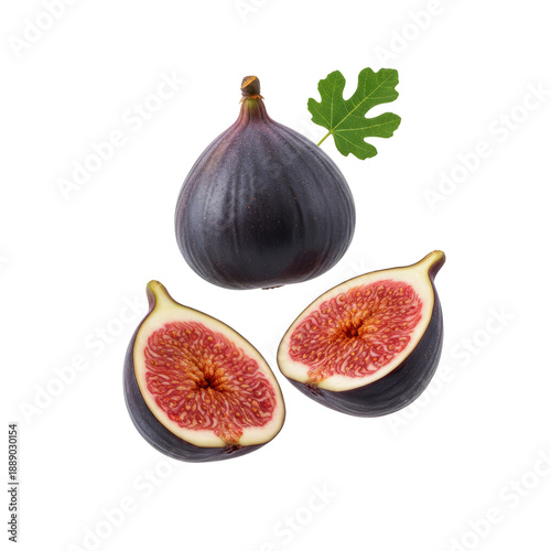 Fresh Ripe Figs and Fig Halves with Leaf on White Background