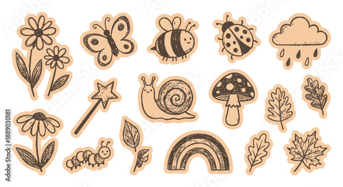Cute nature doodle sticker set with hand drawn flower, butterfly and bee icons in a cartoon sketch style. A vector collection for scrapbooking, kids crafts, and spring themed designs.