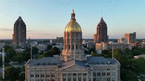 Georgia State Capitol Building with Gold Dome in Atlanta Skyline at Sunset