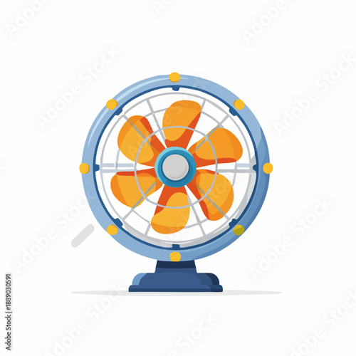 Illustration of a blue and orange fan with rotating blades on a desk in a modern room from a front viewpoint