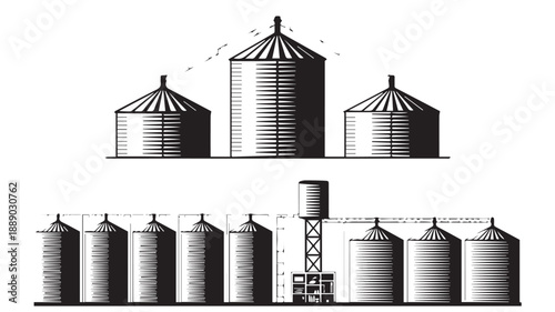 A black and white illustration depicting multiple industrial grain silos and a water tower, showcasing agricultural storage and utility architecture in a classic traced vector art style