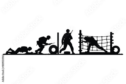 Silhouettes of soldiers performing obstacle course training