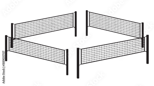 Black and white illustration featuring four individual volleyball nets symmetrically arranged in a square layout, depicting a multi-court setup for various games or training sessions