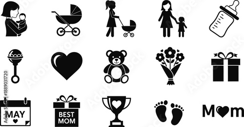 Black and white icons related to motherhood and babies